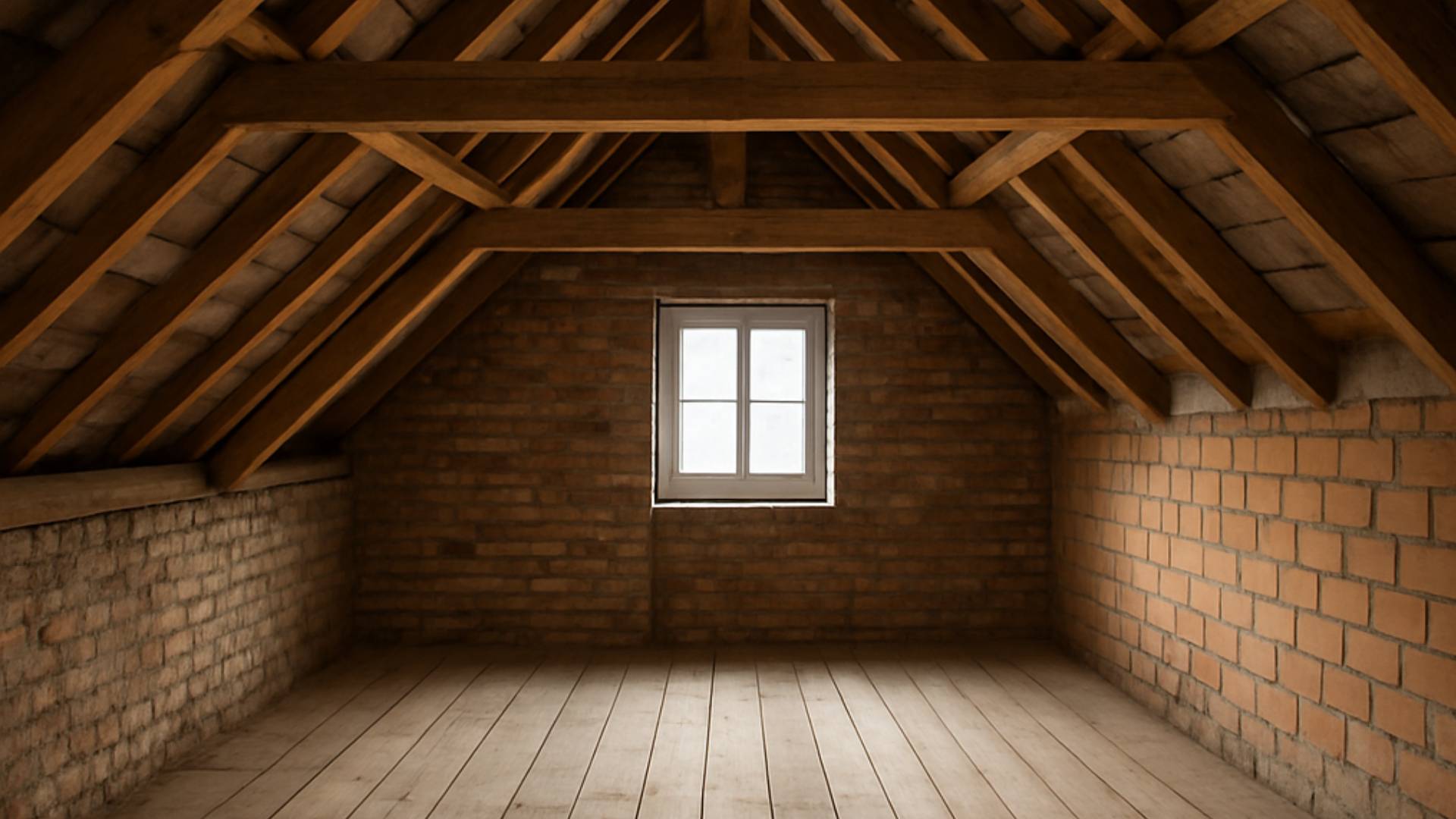 Comble non aménagé, charpente en bois apparente, murs en brique et plancher de larges planches, éclairé par une petite fenêtre à quatre carreaux