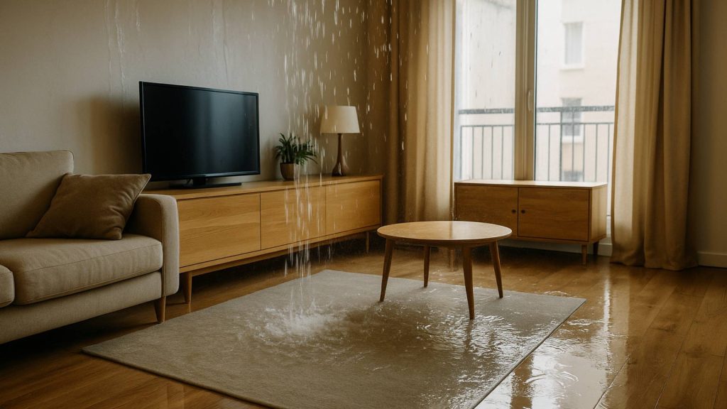 Séjour inondé, eau ruisselant du plafond sur le tapis et le parquet