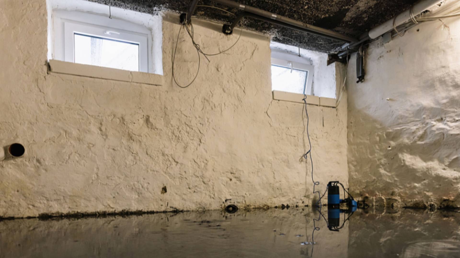 Sous-sol inondé, eau stagnante au sol, pompe de relevage posée dans l'eau, plafond noirci et murs enduits dégradés
