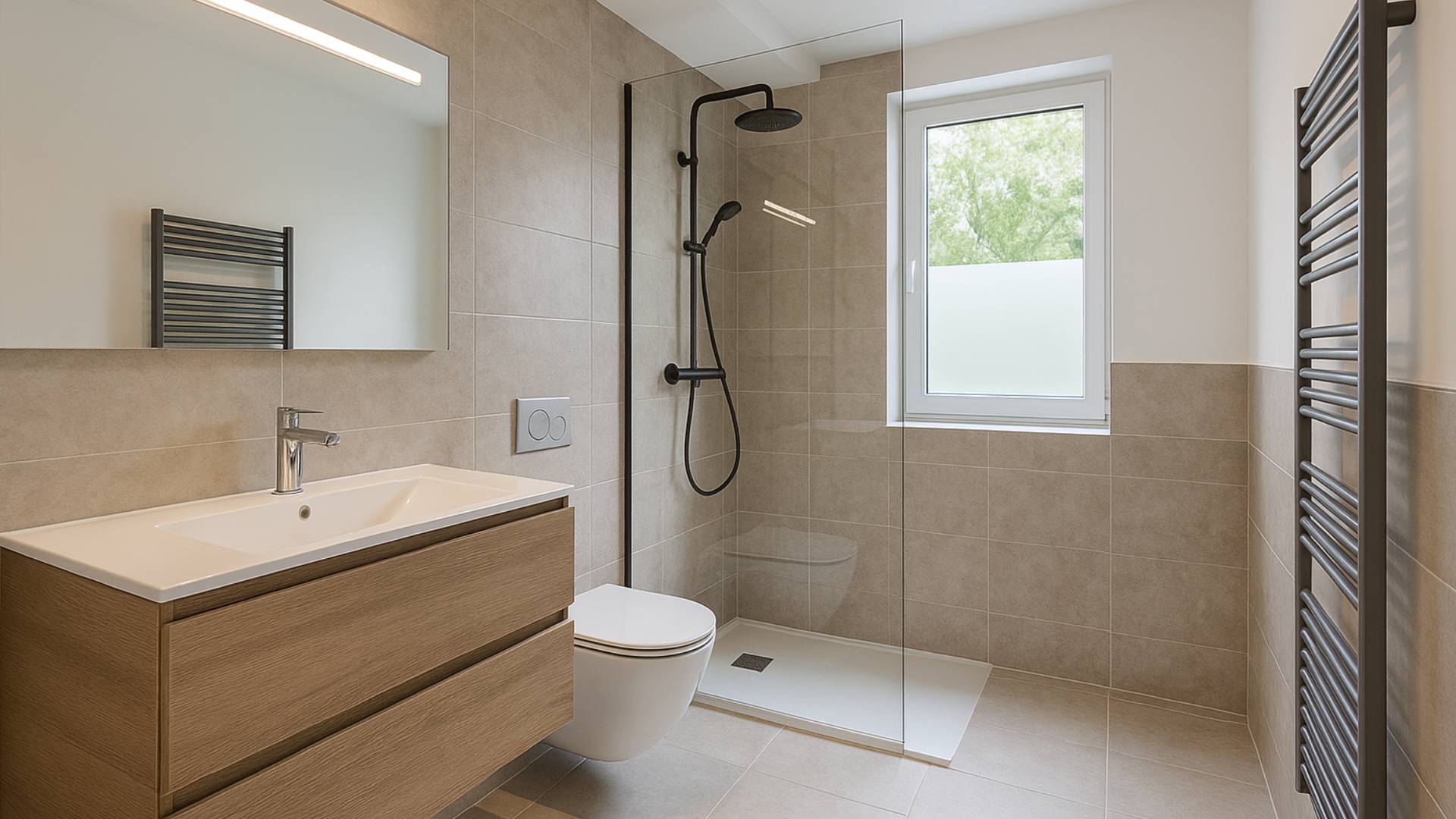 Douche de plain-pied à receveur extra-plat et paroi vitrée fixe, cuvette suspendue et meuble vasque suspendu dégageant le sol